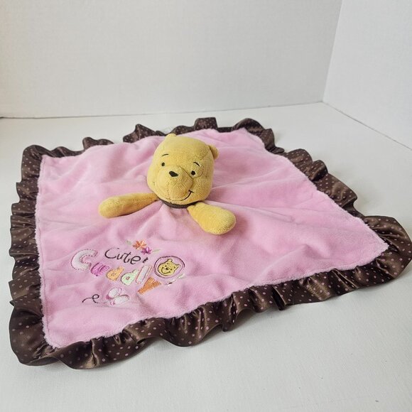 Disney Winnie The Pooh Lovey Rattle Pink Brown Satin Polka Security Blanket Cute - Picture 1 of 15